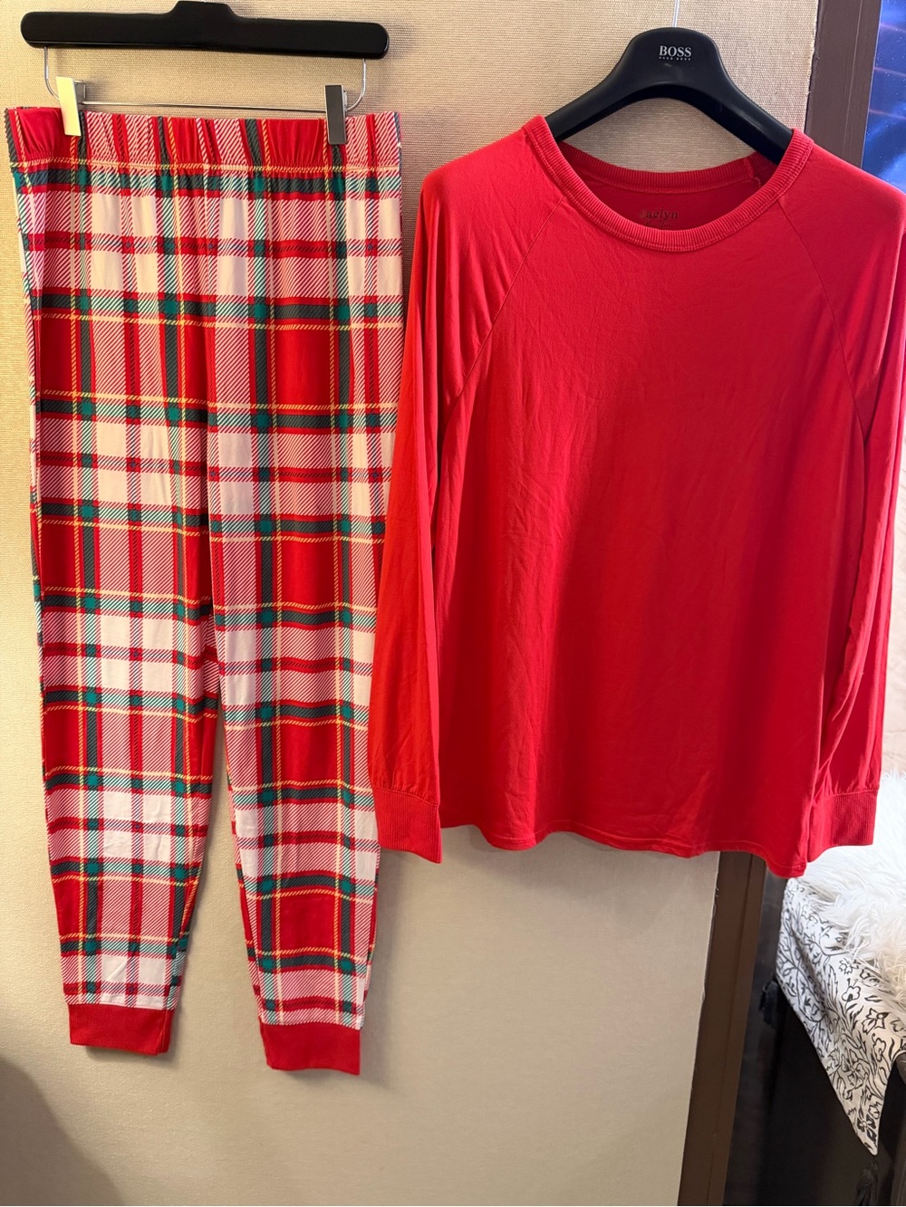 Women's Red Plaid Pajama Set - Long Sleeve Top & Plaid Pants